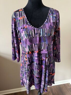 Hand Jive Purple Abstract Print V-Neck Tunic Dress 3/4 Sleeve XLarge